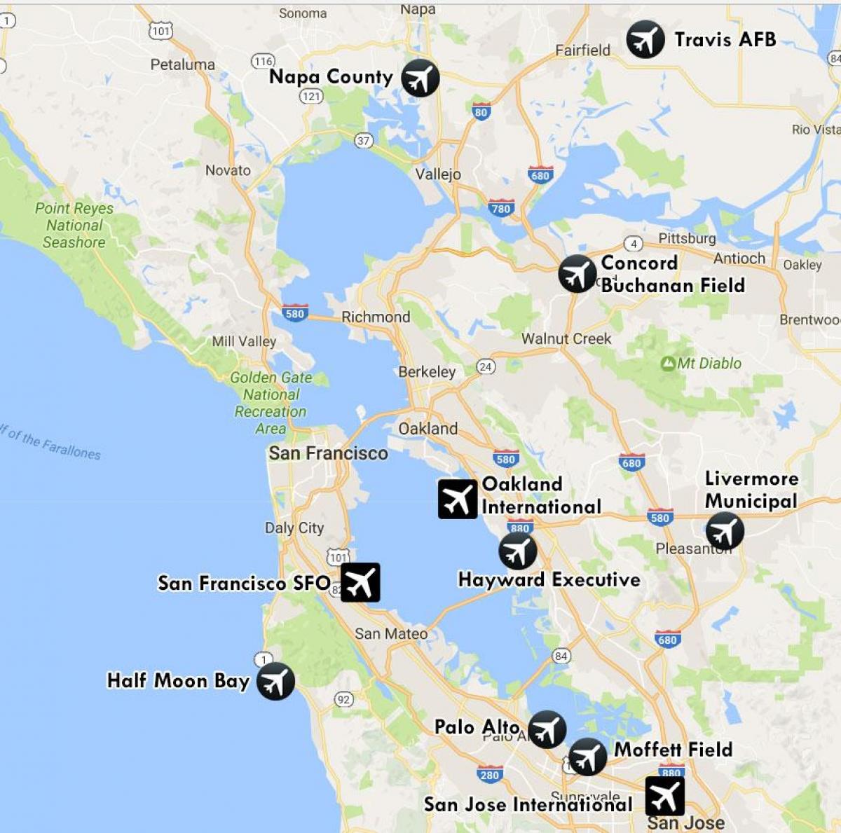 Mapa lotnisk w San Francisco