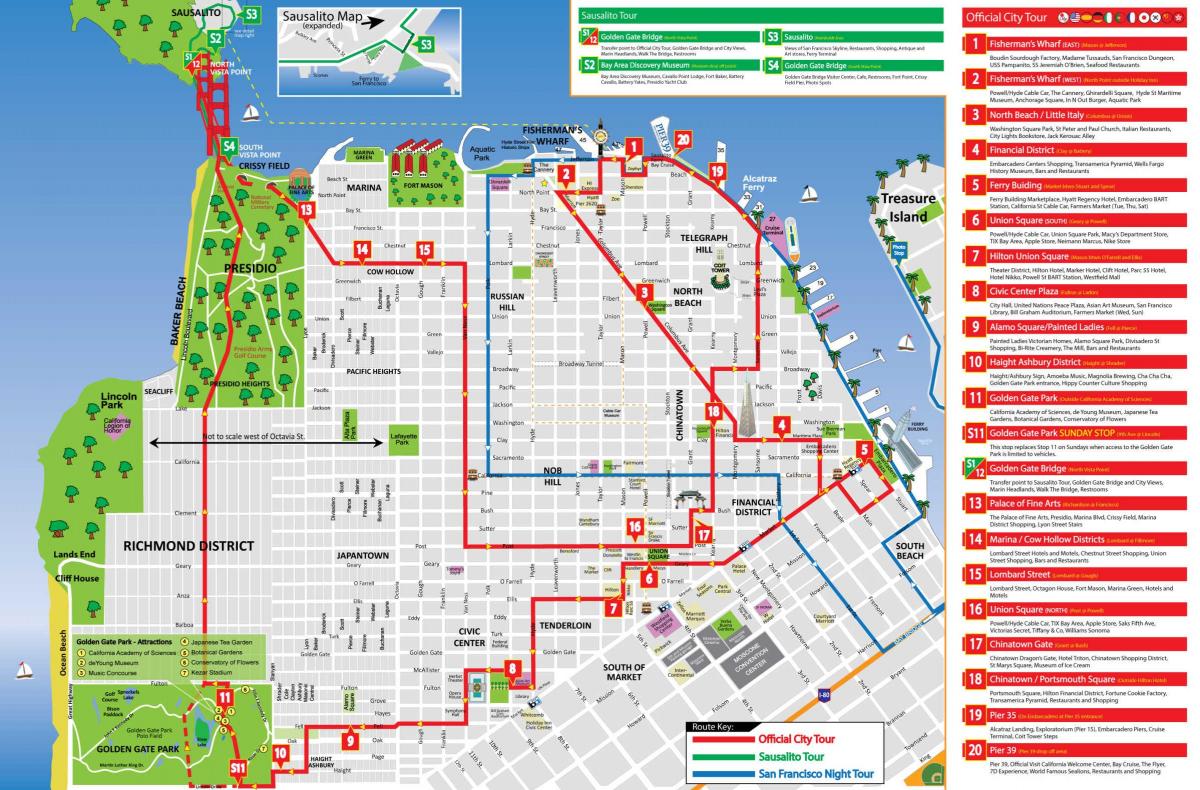 San Francisco Hop On Hop Off mapa wycieczek autobusowych