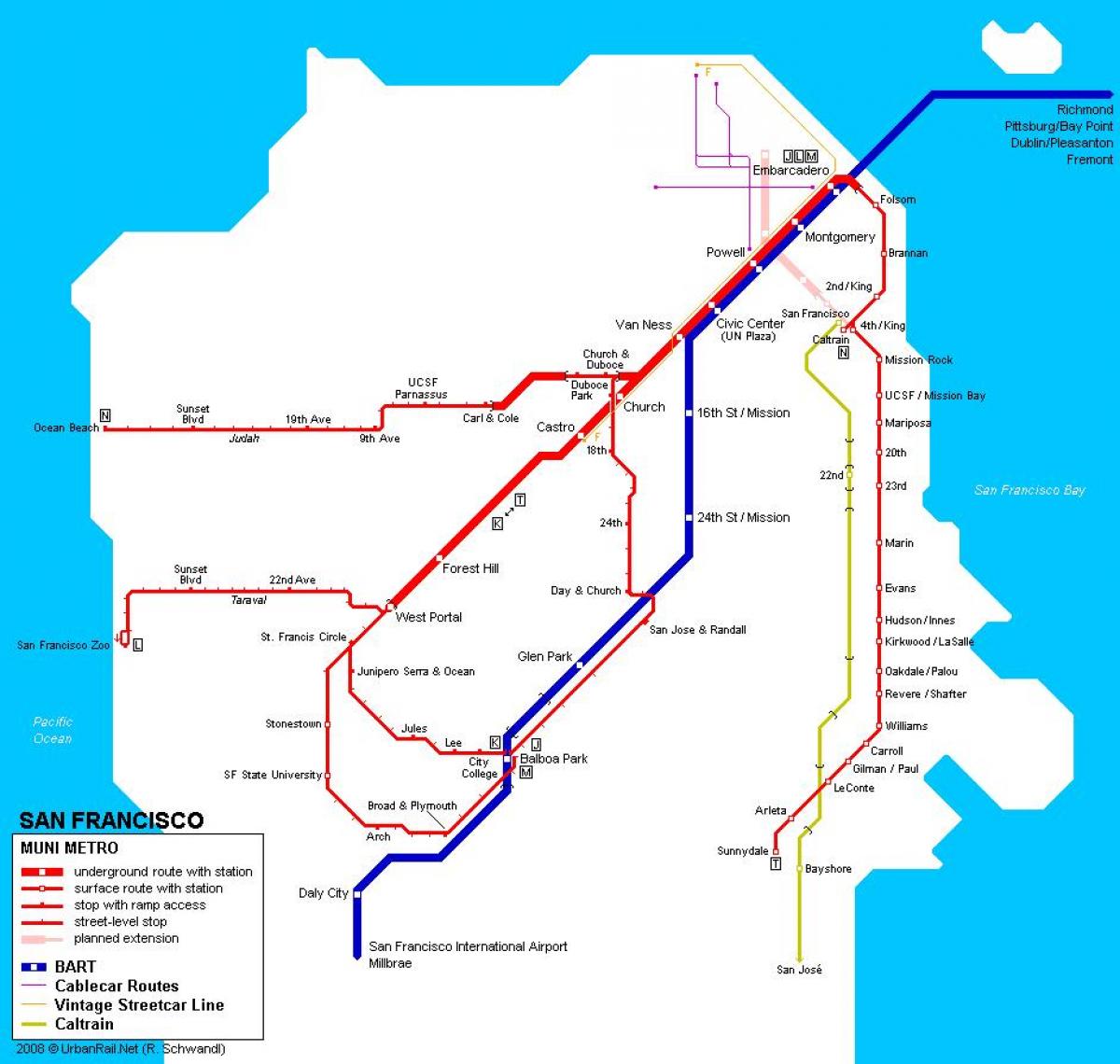 Mapa stacji metra w San Francisco