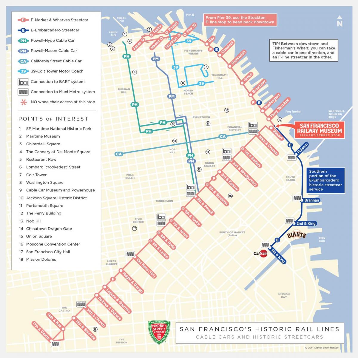 Mapa stacji tramwajowych San Francisco